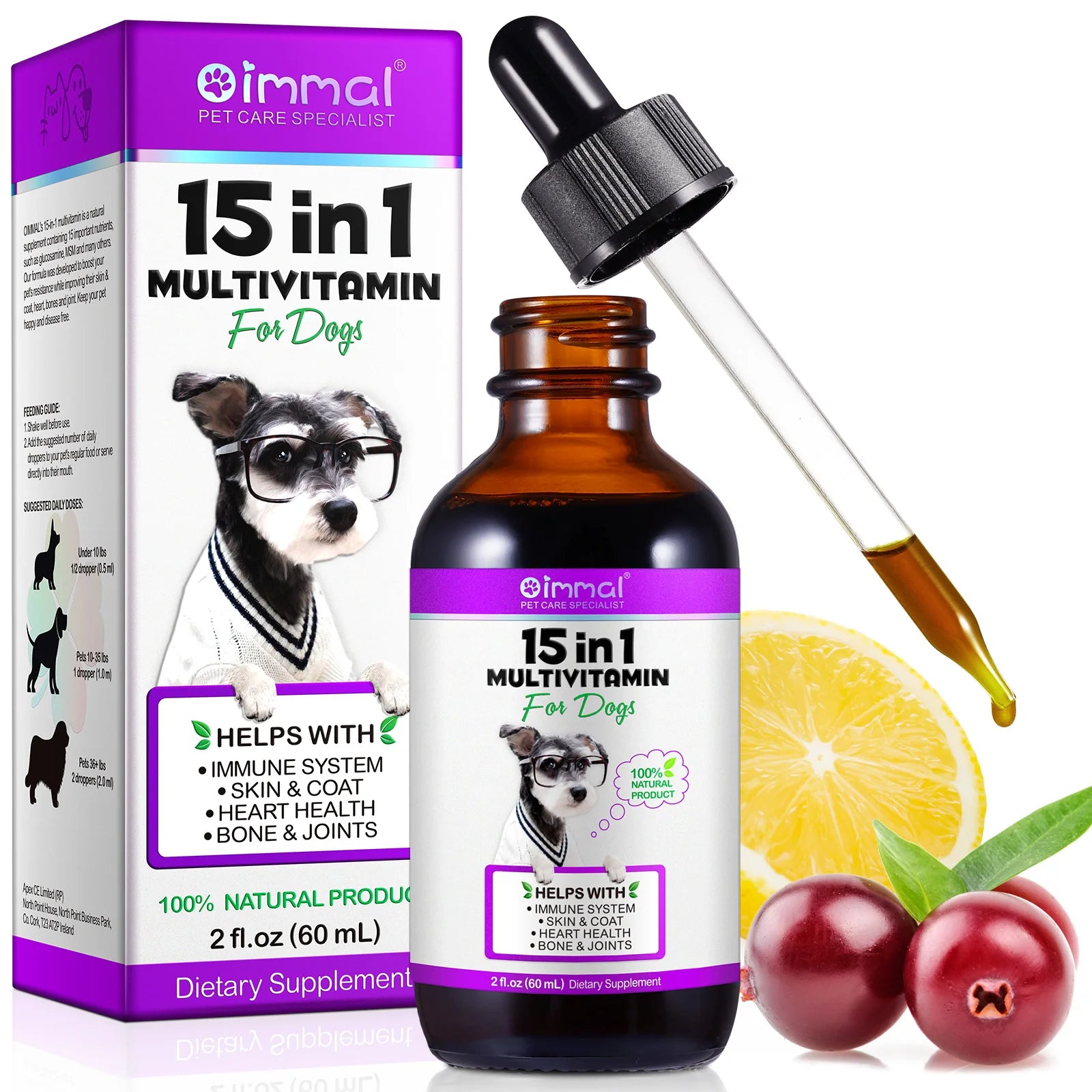 Multivitamínico 15 en 1 para perros ayuda con el sistema inmunológico, la salud de la piel y el pelaje, el apoyo al corazón y los huesos y articulaciones. Los perros disfrutan del sabor