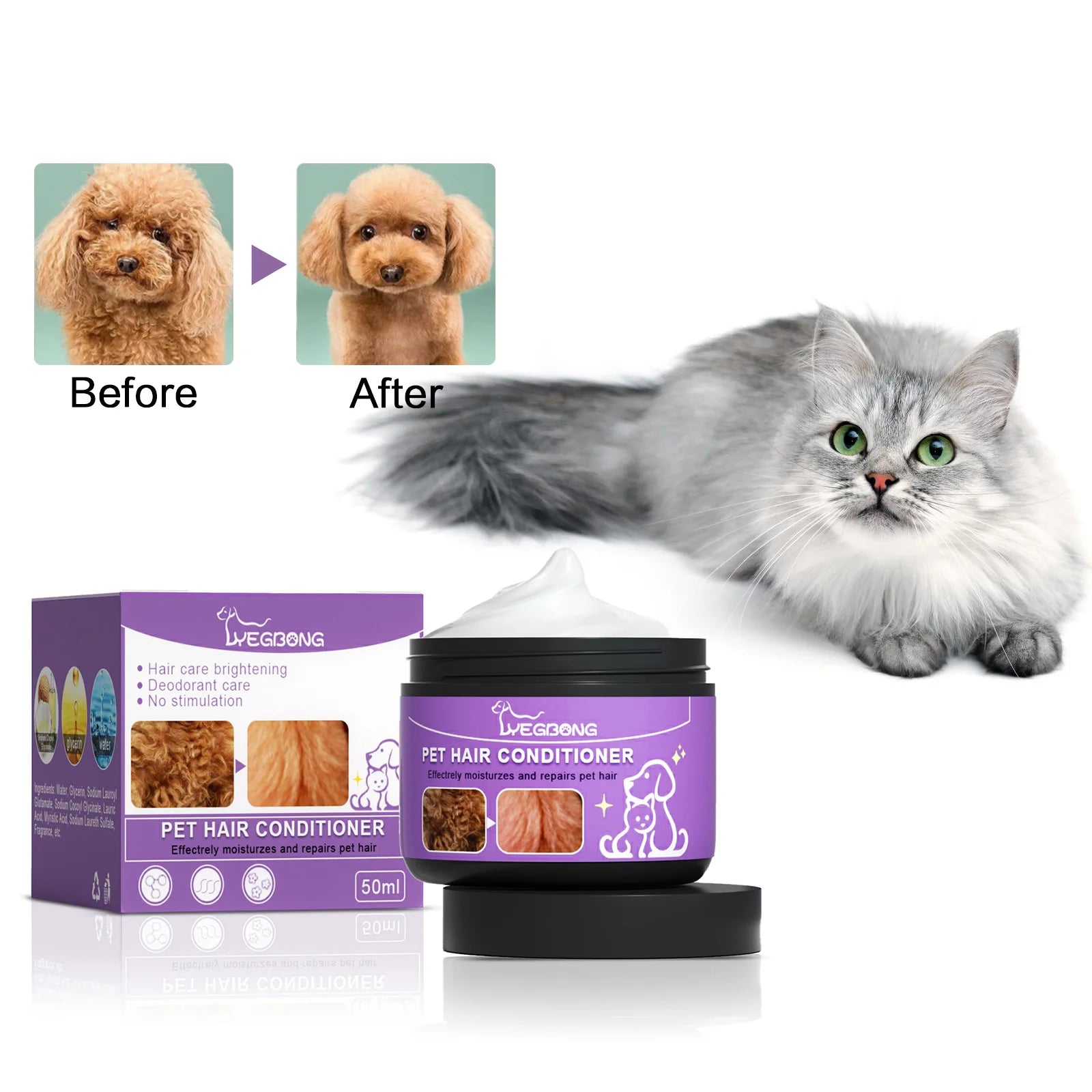 Acondicionador de pelo para mascotas, suavizante del cabello, previene nudos del cabello, limpieza sin baño, eliminación de olores, hidratante, anácaros para gatos, champú para perros