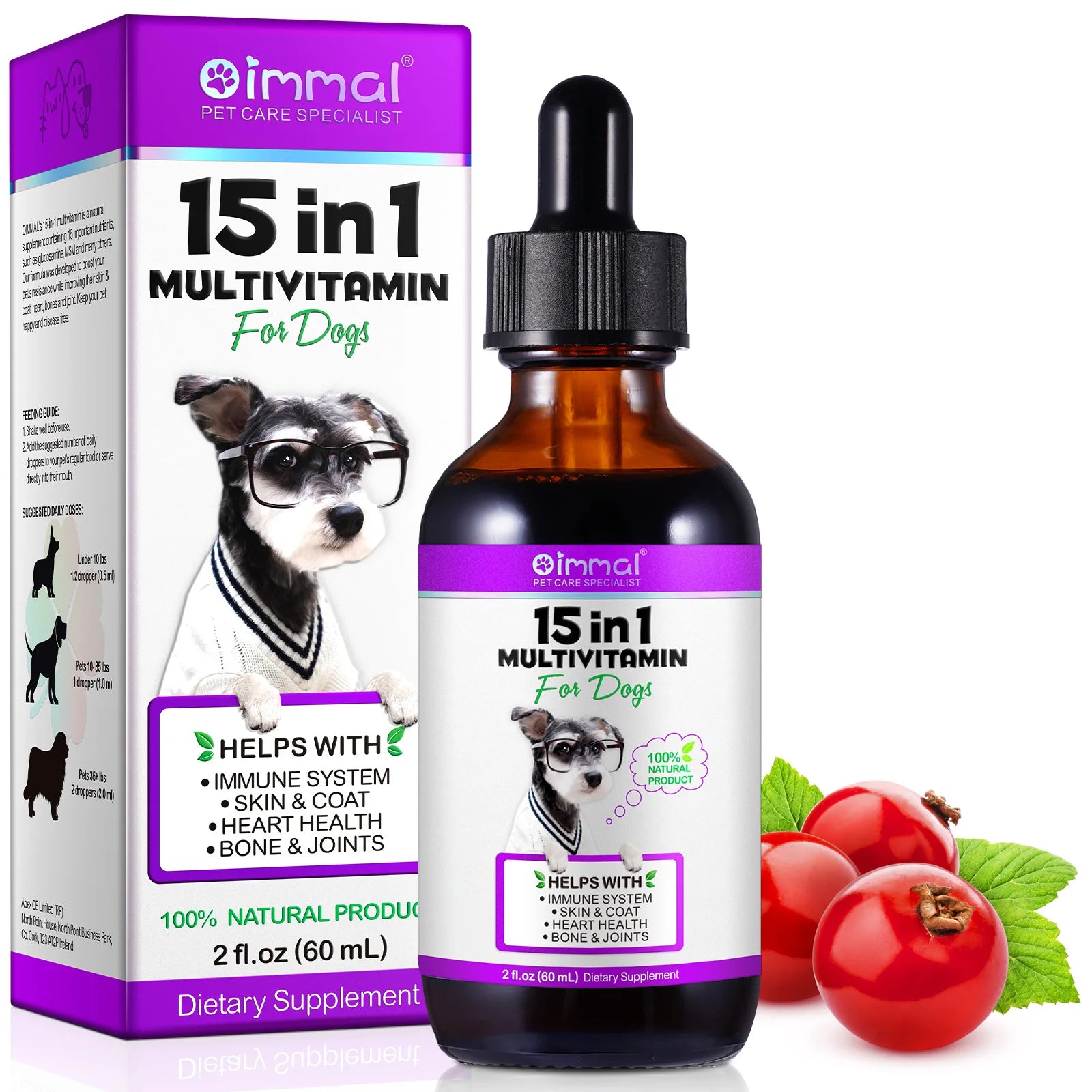 Multivitamínico 15 en 1 para perros ayuda con el sistema inmunológico, la salud de la piel y el pelaje, el apoyo al corazón y los huesos y articulaciones. Los perros disfrutan del sabor