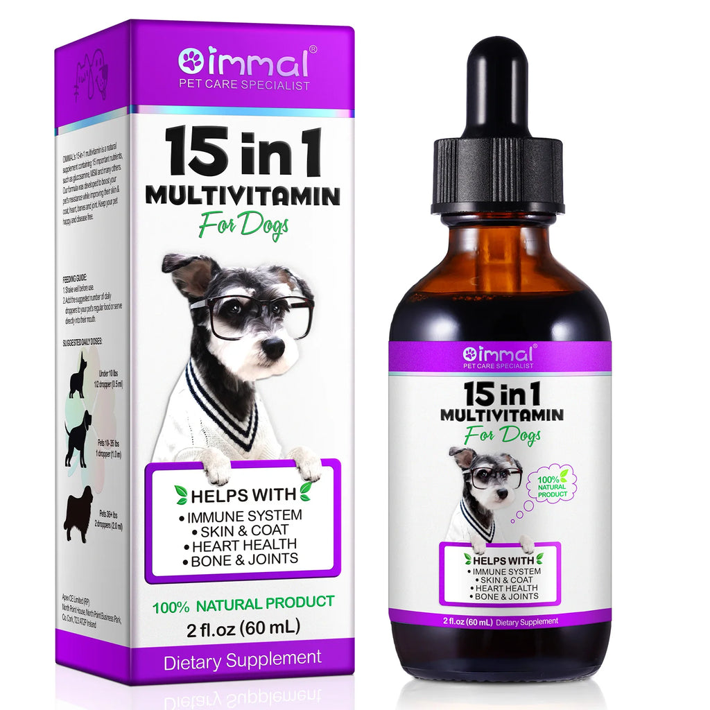 Multivitamínico 15 en 1 para perros ayuda con el sistema inmunológico, la salud de la piel y el pelaje, el apoyo al corazón y los huesos y articulaciones. Los perros disfrutan del sabor