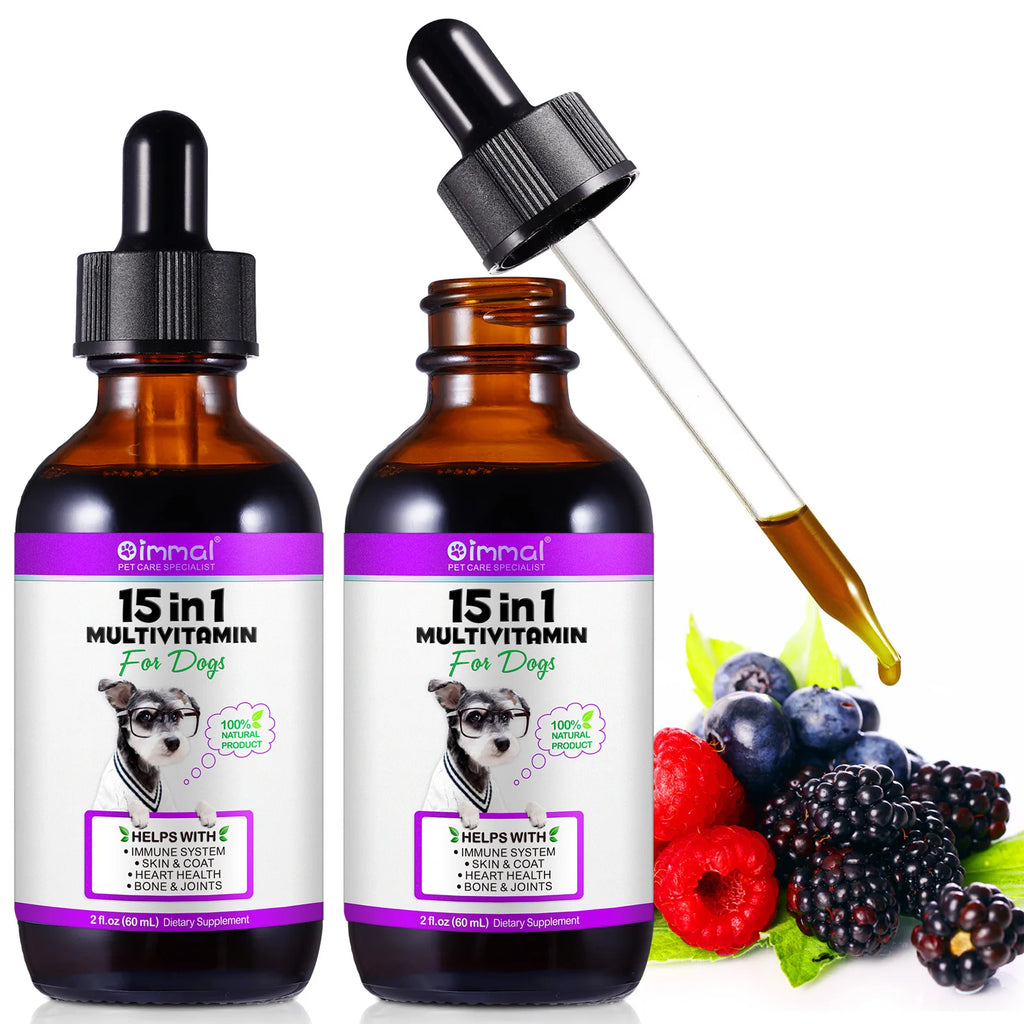 Multivitamínico 15 en 1 para perros ayuda con el sistema inmunológico, la salud de la piel y el pelaje, el apoyo al corazón y los huesos y articulaciones. Los perros disfrutan del sabor