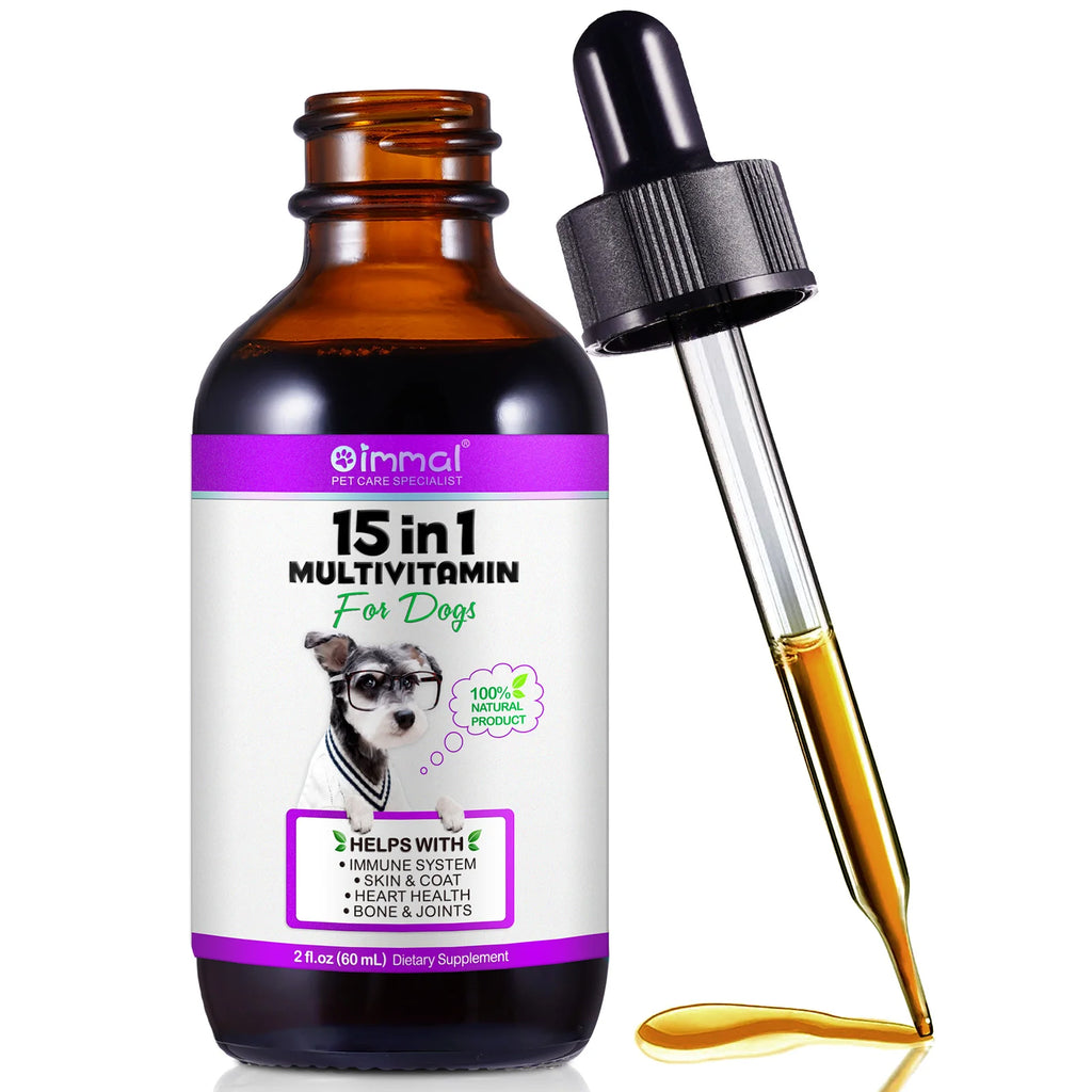 Multivitamínico 15 en 1 para perros ayuda con el sistema inmunológico, la salud de la piel y el pelaje, el apoyo al corazón y los huesos y articulaciones. Los perros disfrutan del sabor