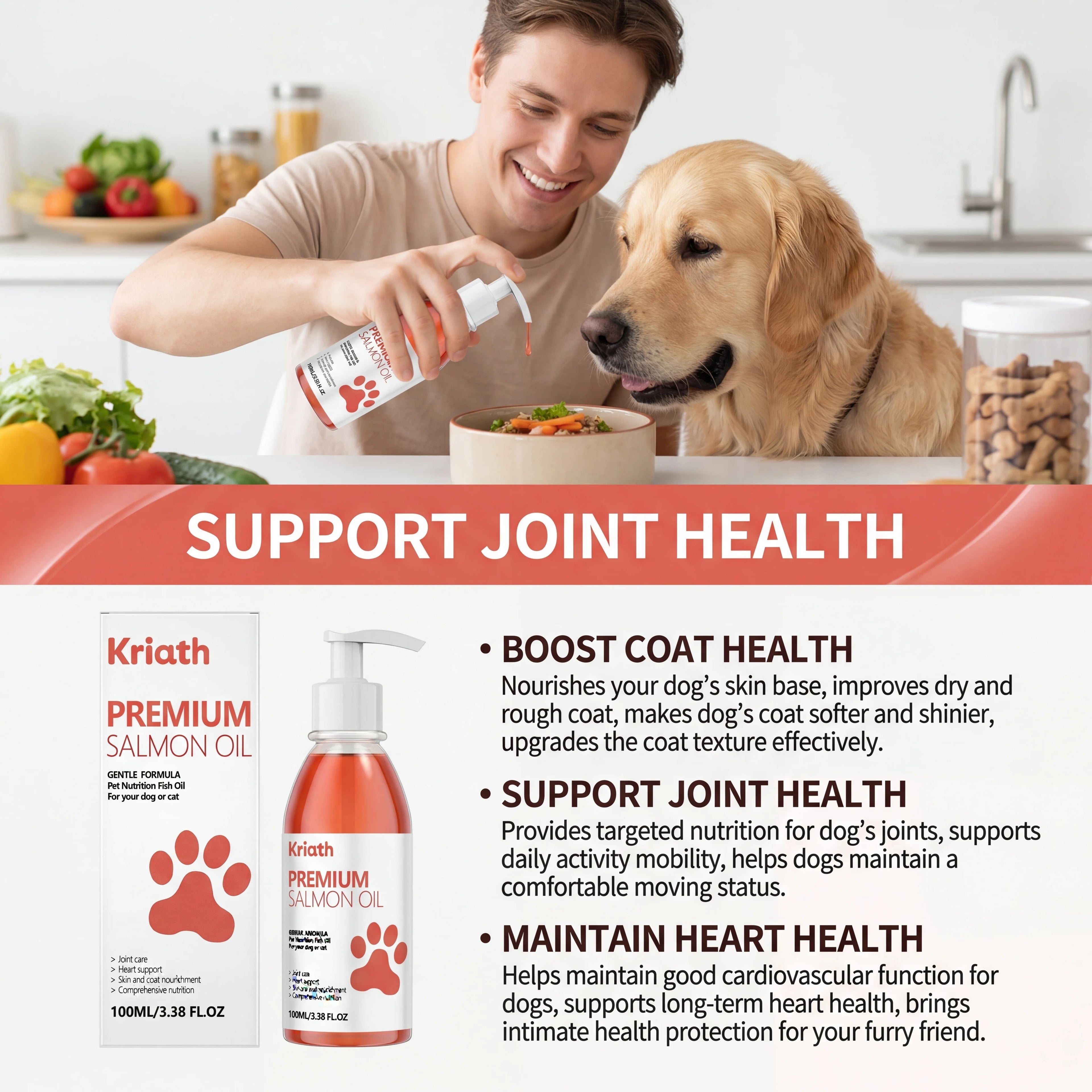 Aceite de Salmón Natural para Mascotas, Complemento Líquido con Vitamina E para Perros, para un Pelaje Brillante y Salud del Corazón, Fórmula Suave, Botella con Bomba Dosificadora