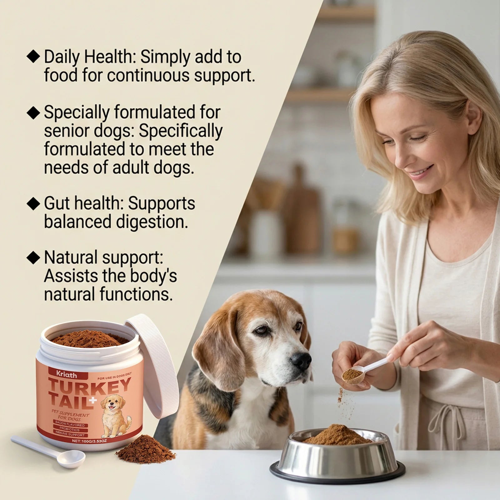 Suplemento Nutricional en Polvo para Perros, Mejora la Vitalidad de las Mascotas, Equilibra la Flora Intestinal, Bienestar de la Piel y el Pelaje, Refuerza la Defensa del Cuerpo, 100g