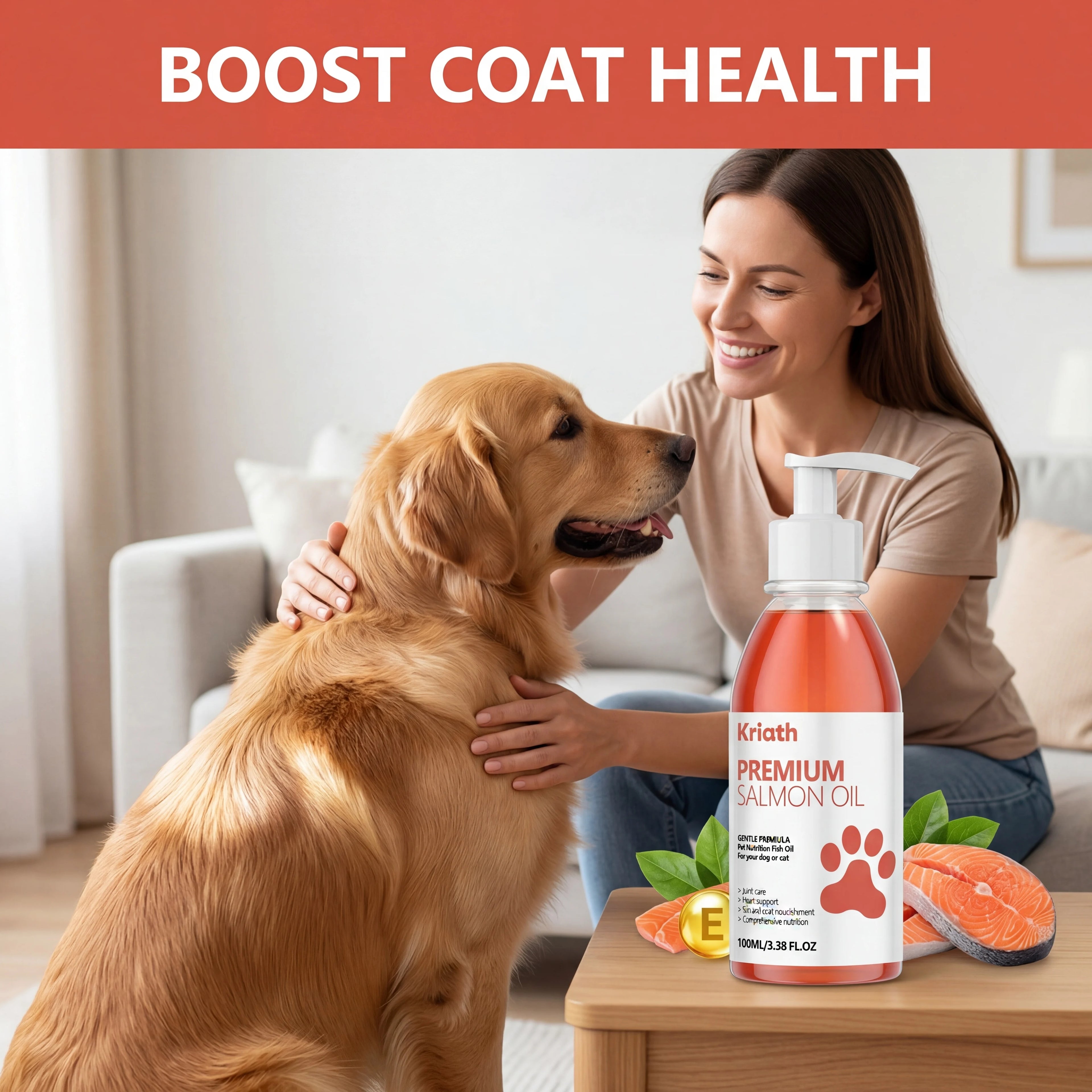 Aceite de Salmón Natural para Mascotas, Complemento Líquido con Vitamina E para Perros, para un Pelaje Brillante y Salud del Corazón, Fórmula Suave, Botella con Bomba Dosificadora