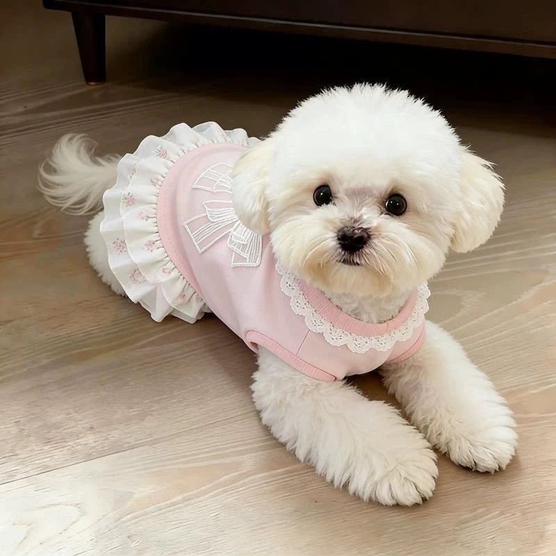 Vestido rosa de encaje para perro con lazo