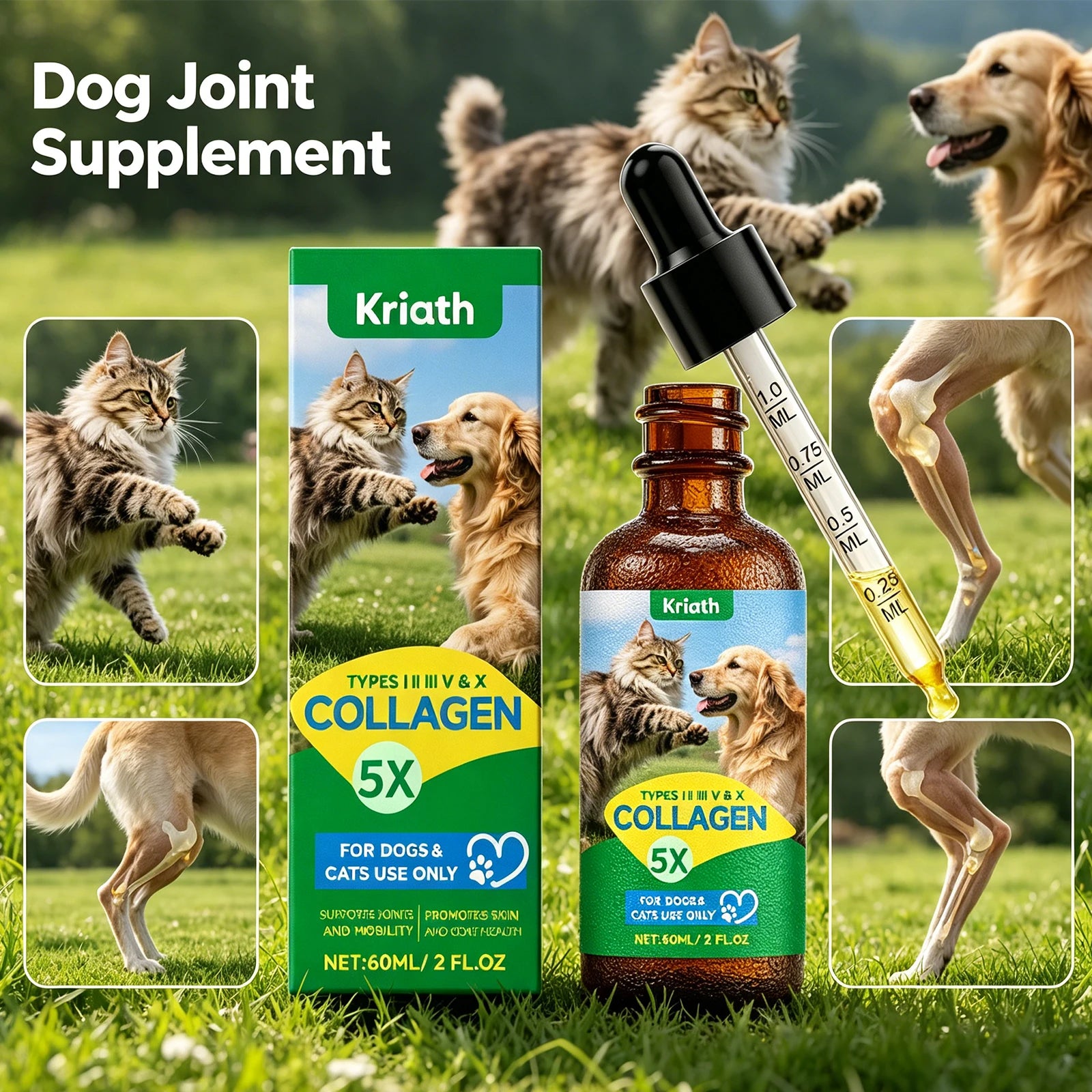 Gotas de Colágeno para Mascotas, Cuidado de las Articulaciones, Nutrición de la Piel y el Pelaje, Apoyo Digestivo, Mantenimiento del Sistema Inmunológico, Suplemento Nutricional Líquido 60ml