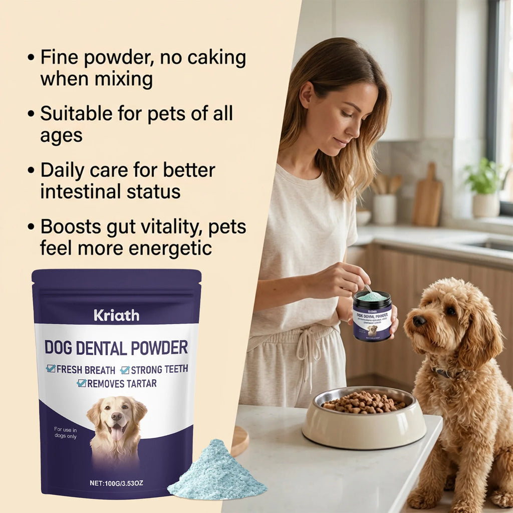Polvo para el Cuidado Dental de Mascotas, Limpieza Natural de Dientes, Control de Placa y Sarro, Encías Saludables, Refuerzo de la Inmunidad y Vitalidad, Refrescante Bucal para Perros