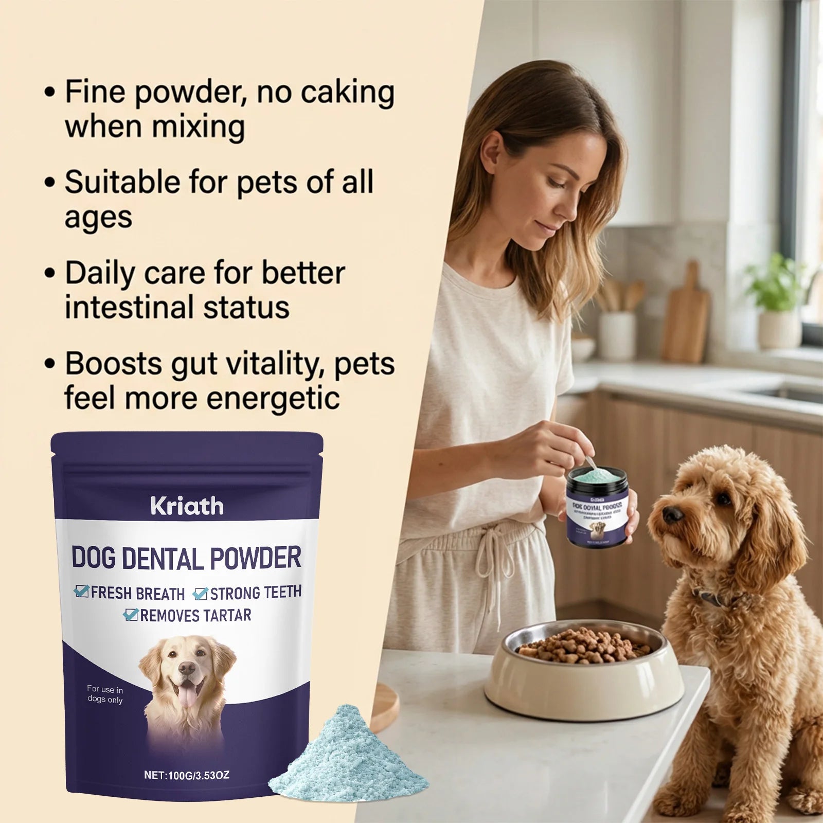 Polvo para el Cuidado Dental de Mascotas, Limpieza Natural de Dientes, Control de Placa y Sarro, Encías Saludables, Refuerzo de la Inmunidad y Vitalidad, Refrescante Bucal para Perros