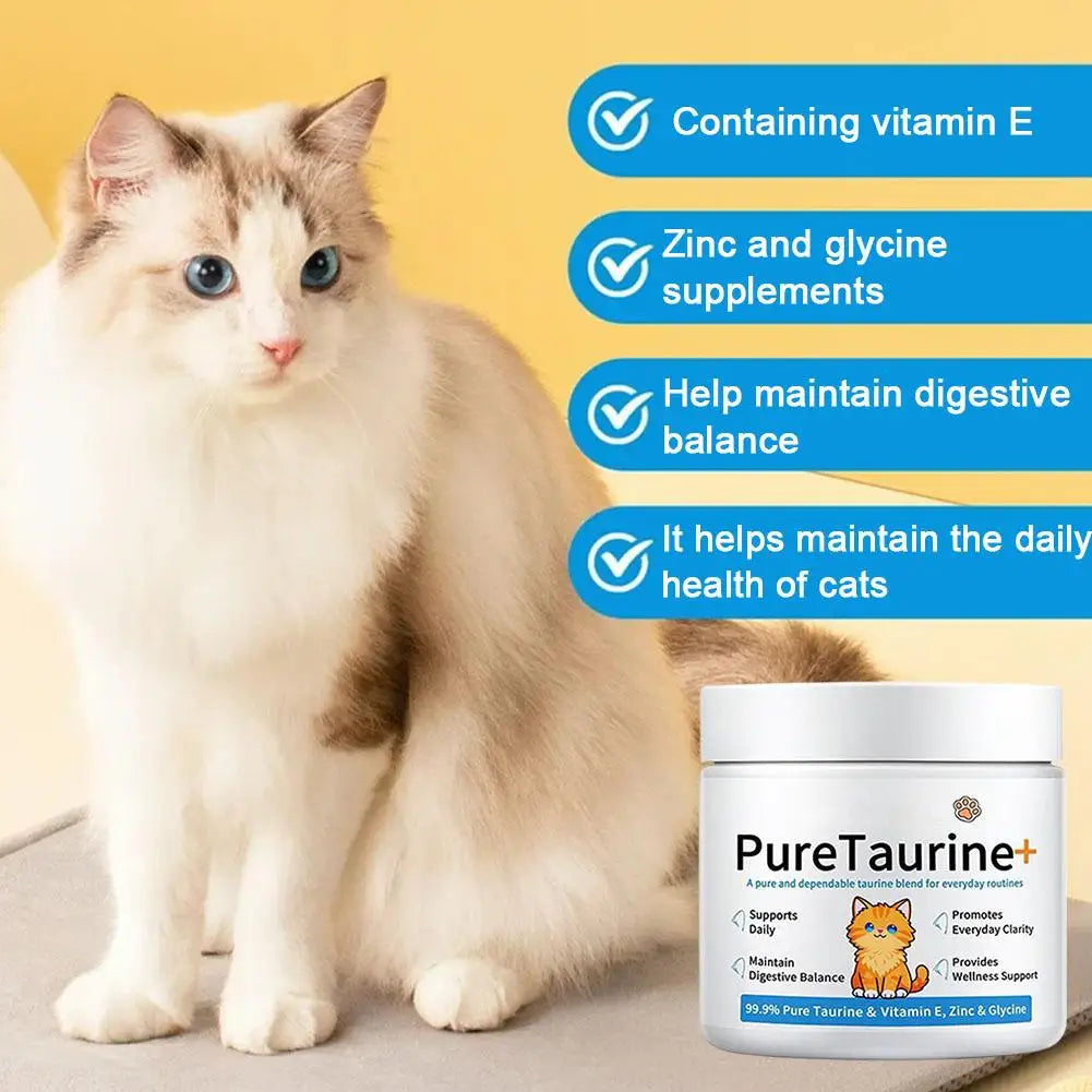 Polvo para el cuidado de la salud del gato, 200 g, 99,9% taurina pura, vitamina E y zinc, apoya la digestión y mejora la inmunidad para mascotas con intestino sensible