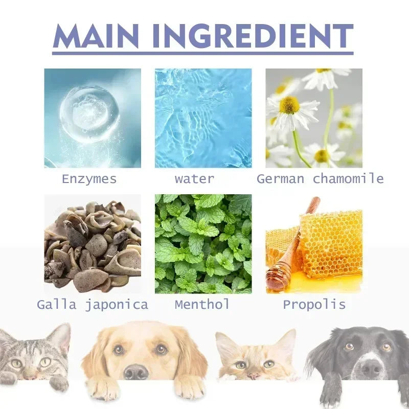 Spray de limpieza dental para mascotas, cuidado bucal, elimina las manchas de dientes, mantiene el aliento fresco para gatos y perros, blanqueamiento, elimina el mal aliento