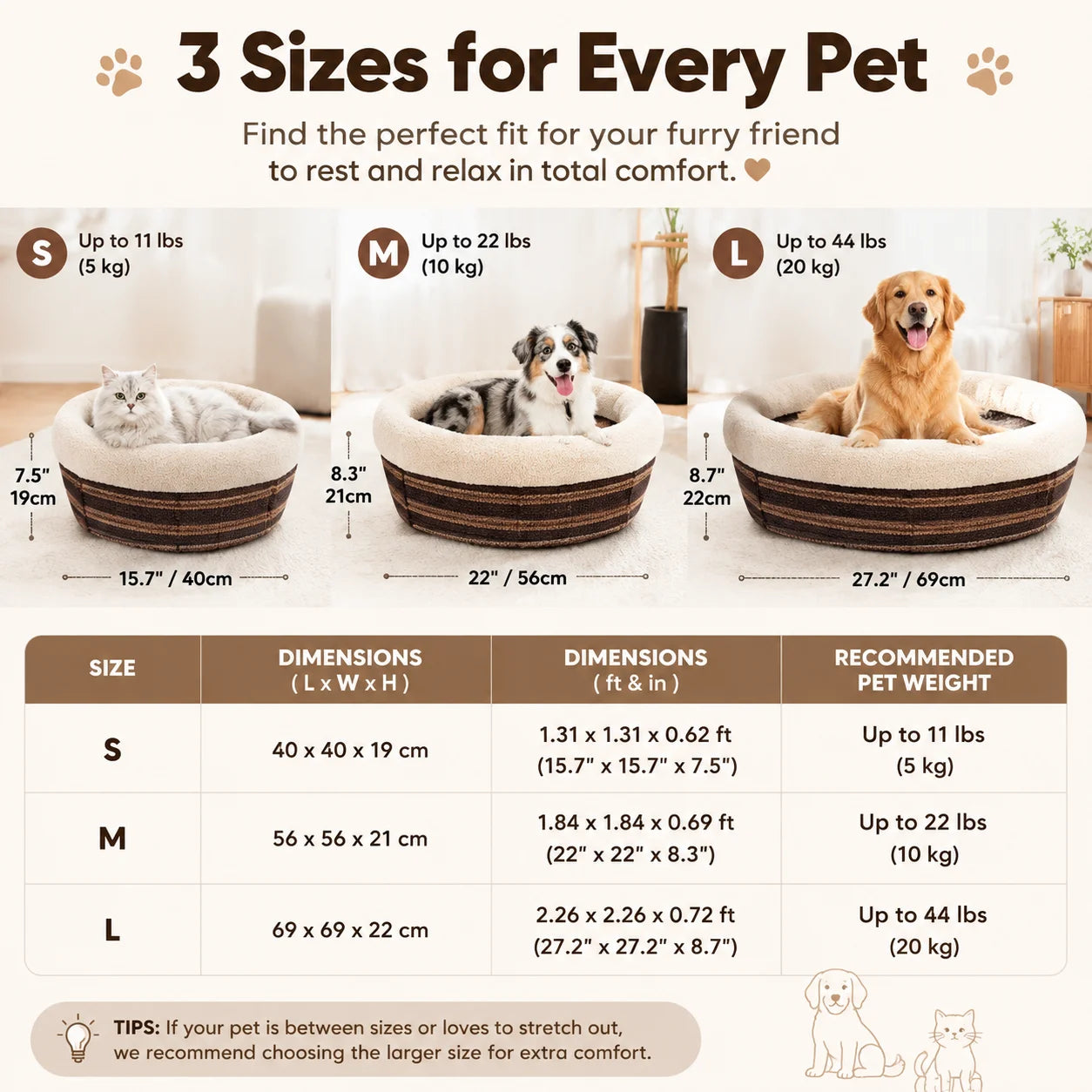 Round Pet Bed for Cats & Dogs Soft Plush