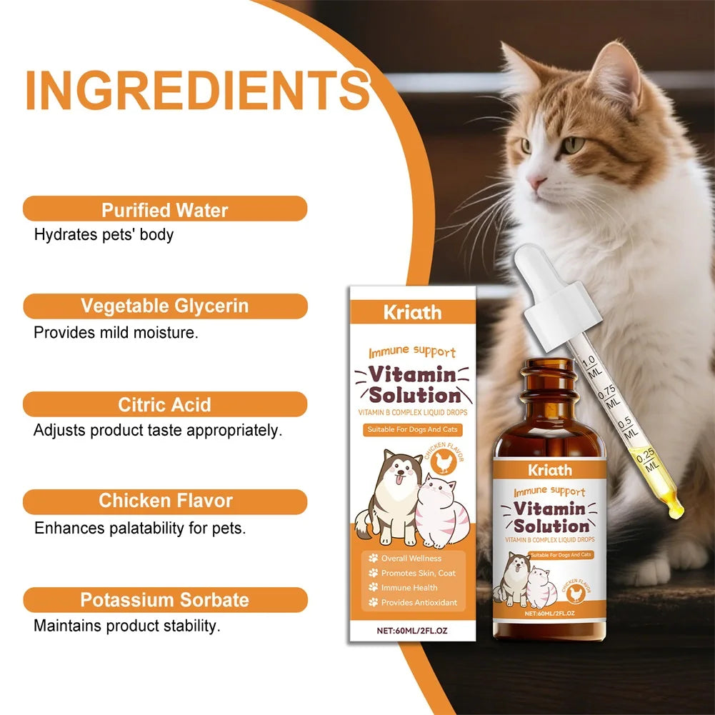 Complejo de vitaminas B de 60ml para perros y gatos, soporte inmunolgico para el cuidado corporal de mascotas, gotas para el cuidado Natural para el crecimiento del pelaje de las mascotas y piel sana