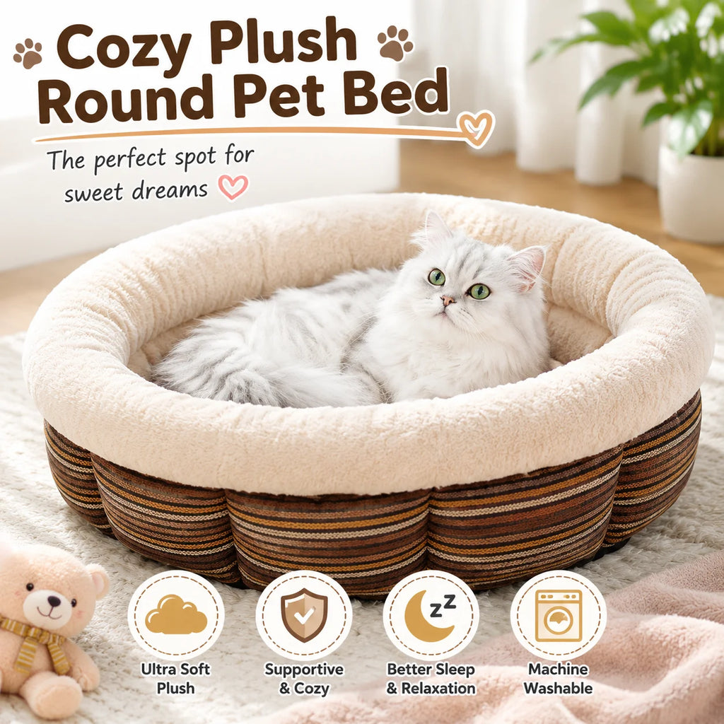 Round Pet Bed for Cats & Dogs Soft Plush