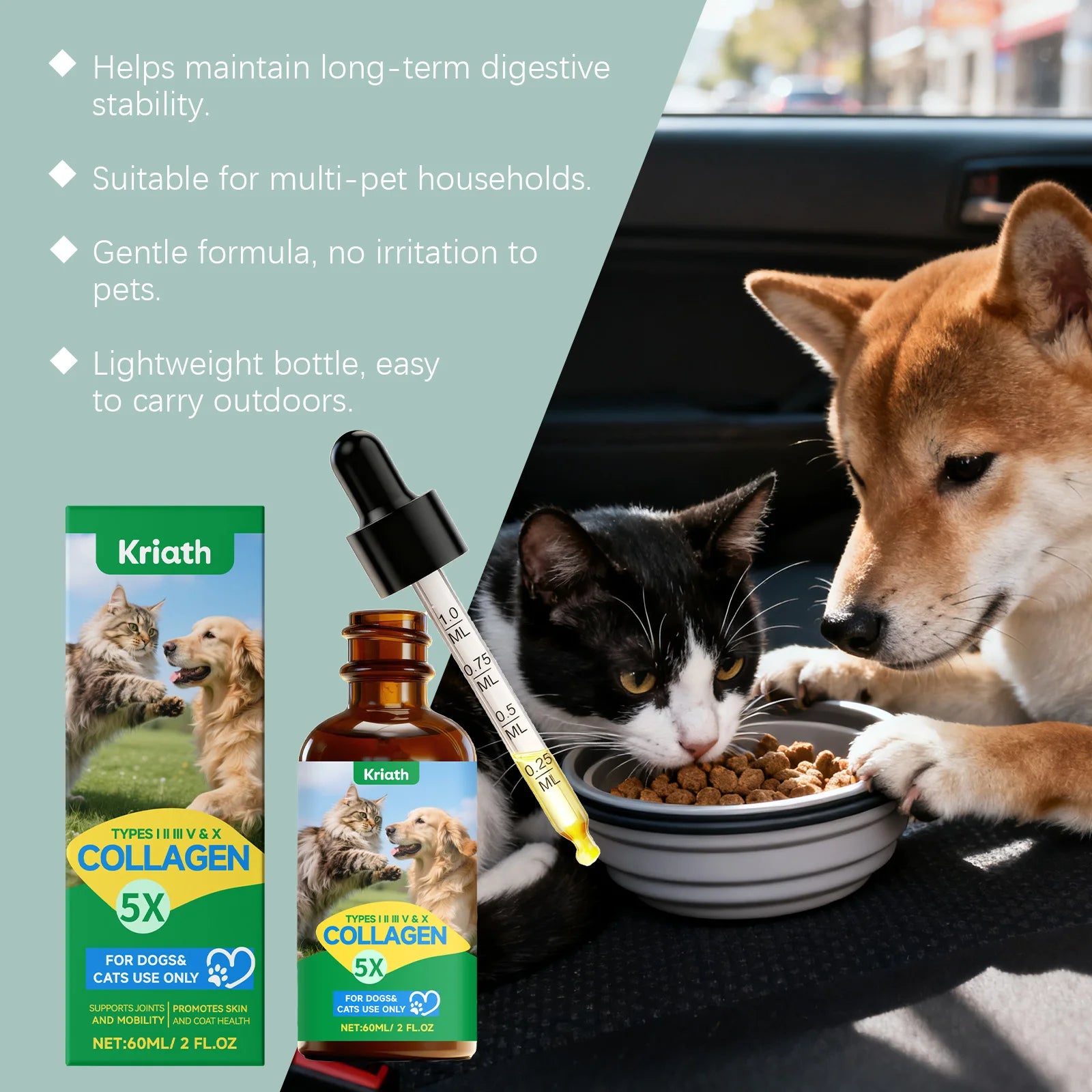 Gotas de Colágeno para Mascotas, Cuidado de las Articulaciones, Nutrición de la Piel y el Pelaje, Apoyo Digestivo, Mantenimiento del Sistema Inmunológico, Suplemento Nutricional Líquido 60ml