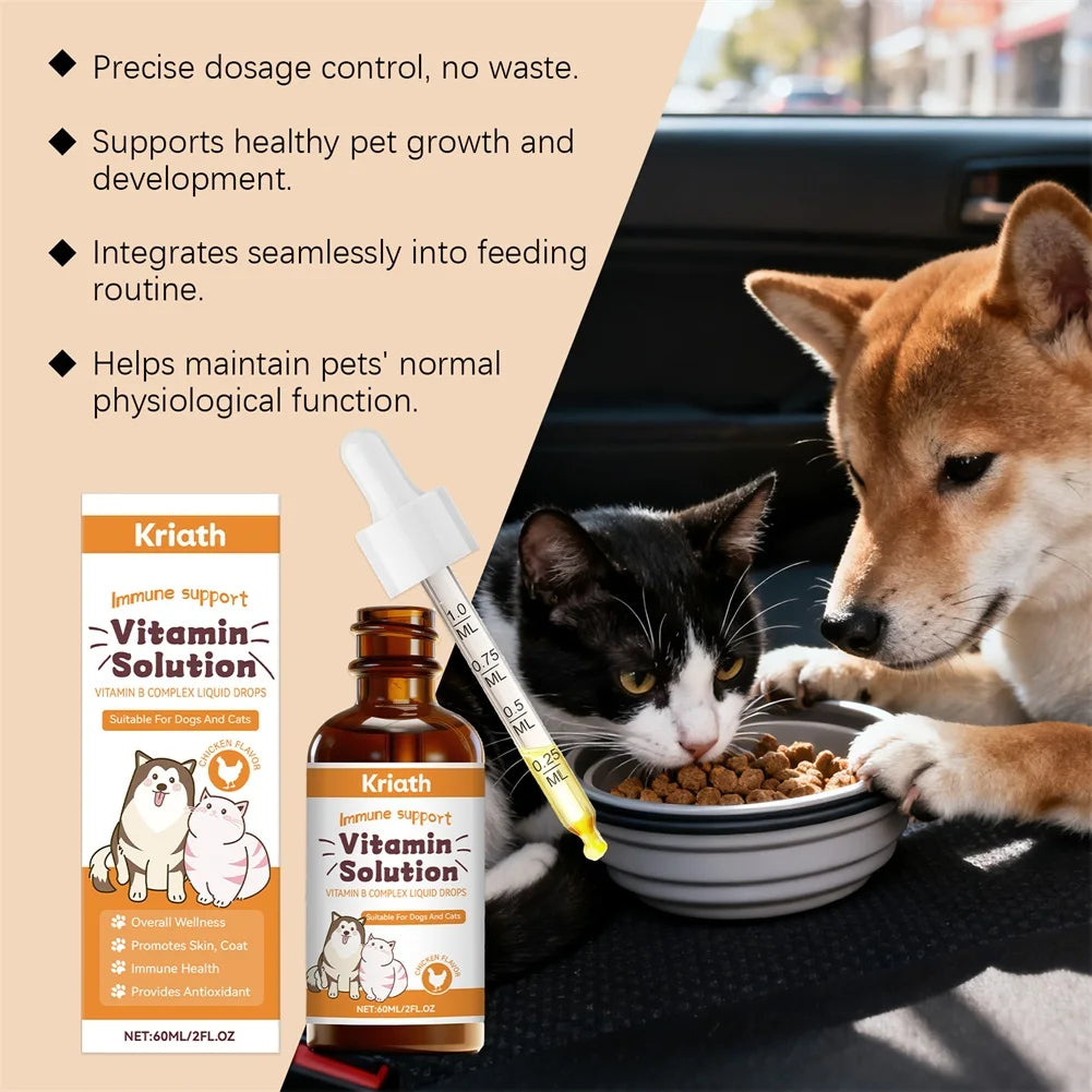 Complejo de vitaminas B de 60ml para perros y gatos, soporte inmunolgico para el cuidado corporal de mascotas, gotas para el cuidado Natural para el crecimiento del pelaje de las mascotas y piel sana