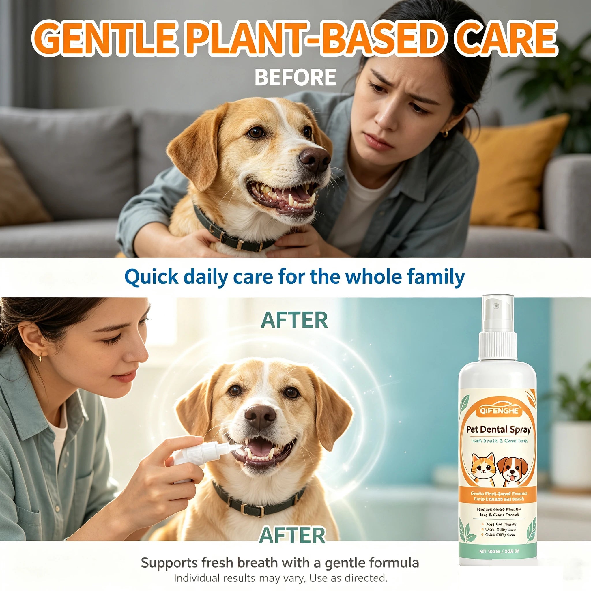Spray Dental para Perros y Gatos, Cuidado Bucal, Reduce la Placa y el Sarro, Mal Aliento, Fórmula Natural a Base de Plantas, Limpieza Dental para Mascotas