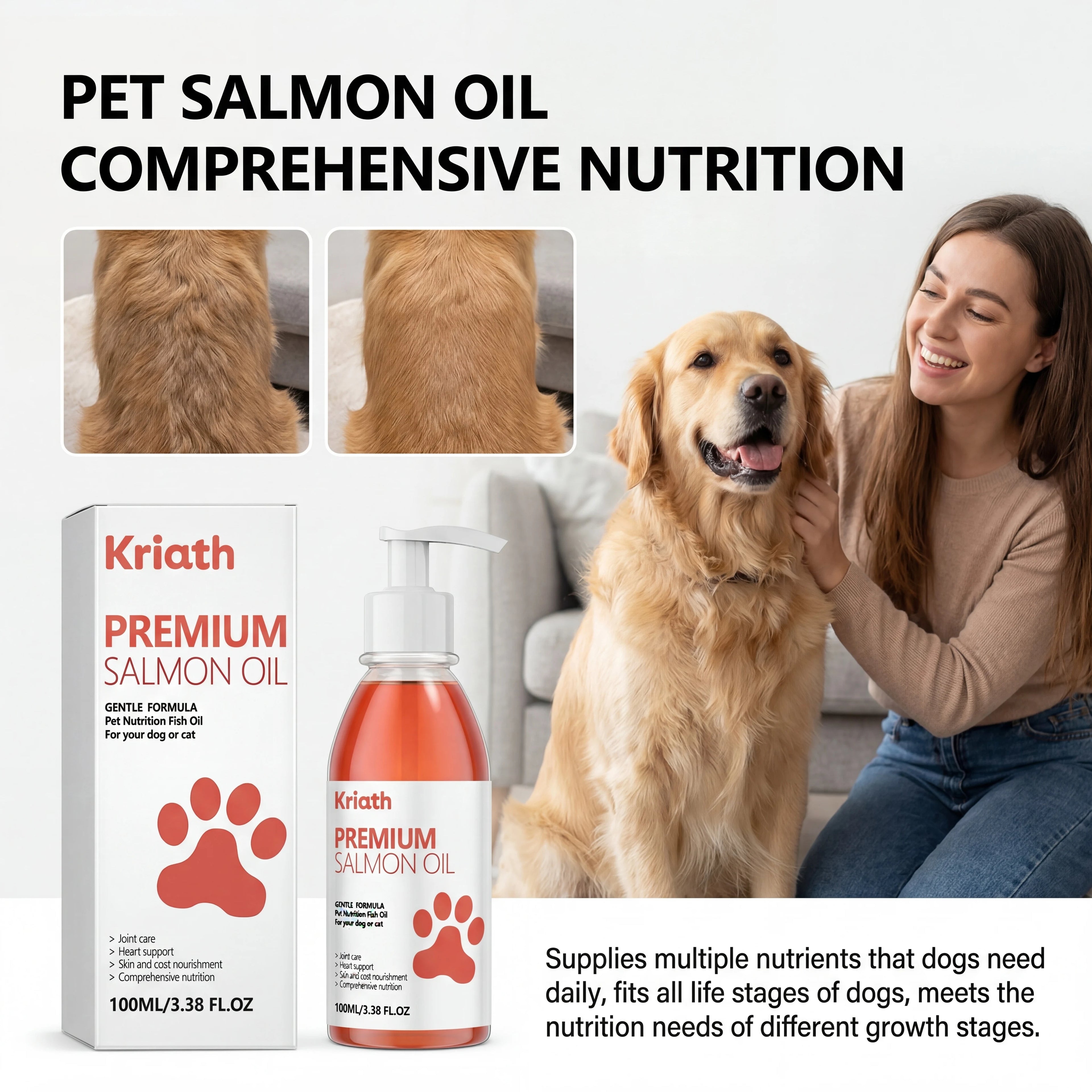 Aceite de Salmón Natural para Mascotas, Complemento Líquido con Vitamina E para Perros, para un Pelaje Brillante y Salud del Corazón, Fórmula Suave, Botella con Bomba Dosificadora