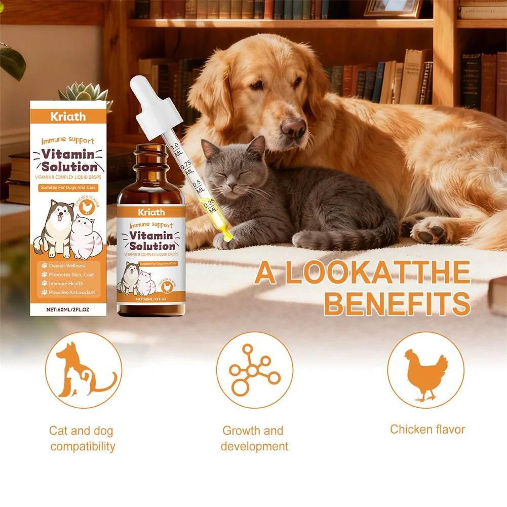 Complejo de vitaminas B de 60ml para perros y gatos, soporte inmunolgico para el cuidado corporal de mascotas, gotas para el cuidado Natural para el crecimiento del pelaje de las mascotas y piel sana