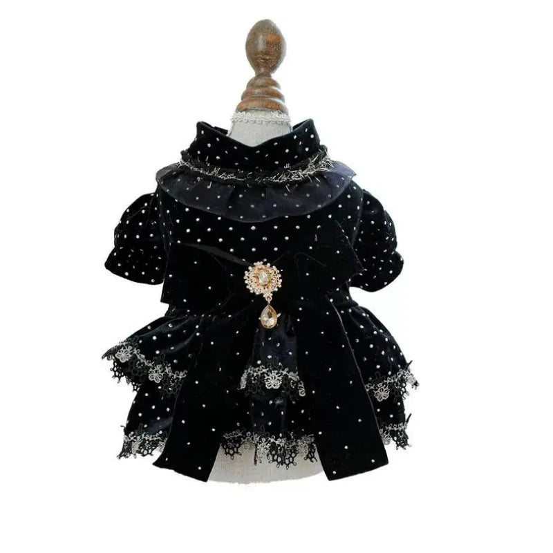 Pet Dog Dress - Velvet Black Gold Fashion