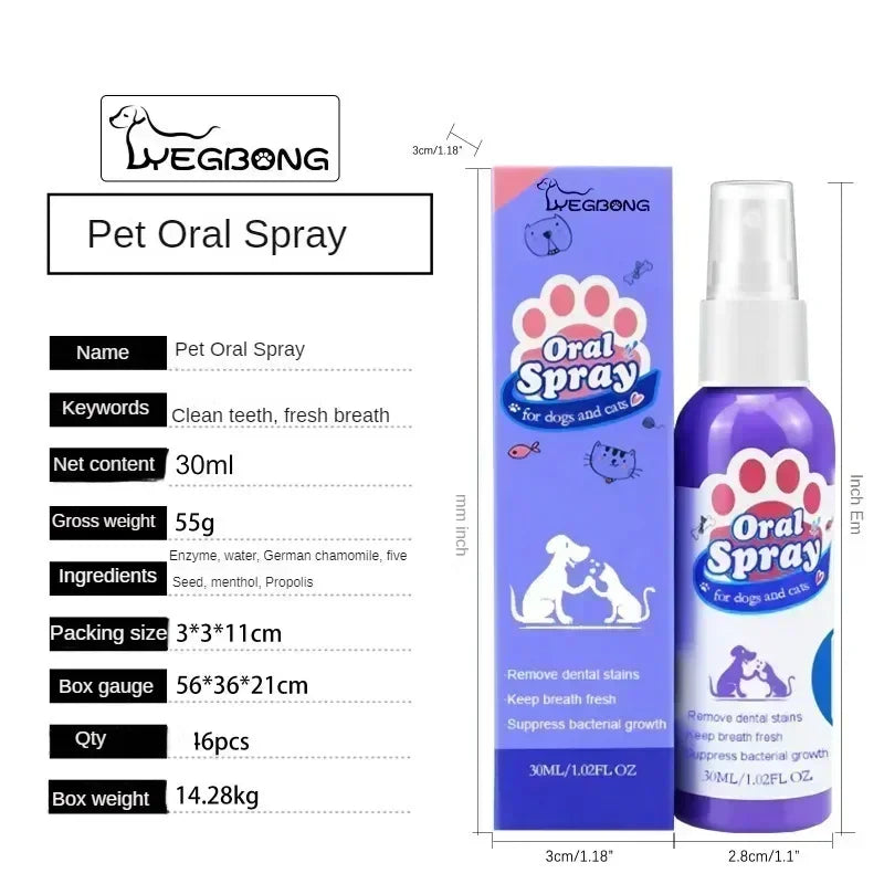 Spray de limpieza dental para mascotas, cuidado bucal, elimina las manchas de dientes, mantiene el aliento fresco para gatos y perros, blanqueamiento, elimina el mal aliento